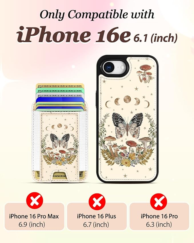 Shorogyt for iPhone 17e/16e Wallet Case - Fits 5 Cards, Compatible with Magsafe Detachable Magnetic Credit Card Holder Leather Cardholder Cute Phone Cover Women Girls for Apple 17e/16e, Moon Butterfly