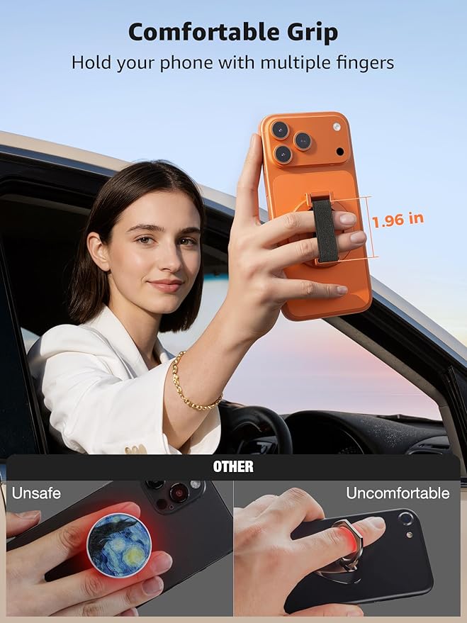 SUPERONE Magnetic Phone Grip with Finger Strap, Removable Magnetic Ring Holder with Kickstand Finger Loop, Accessories for iPhone 17/16/15/14/13/12 Series, Orange