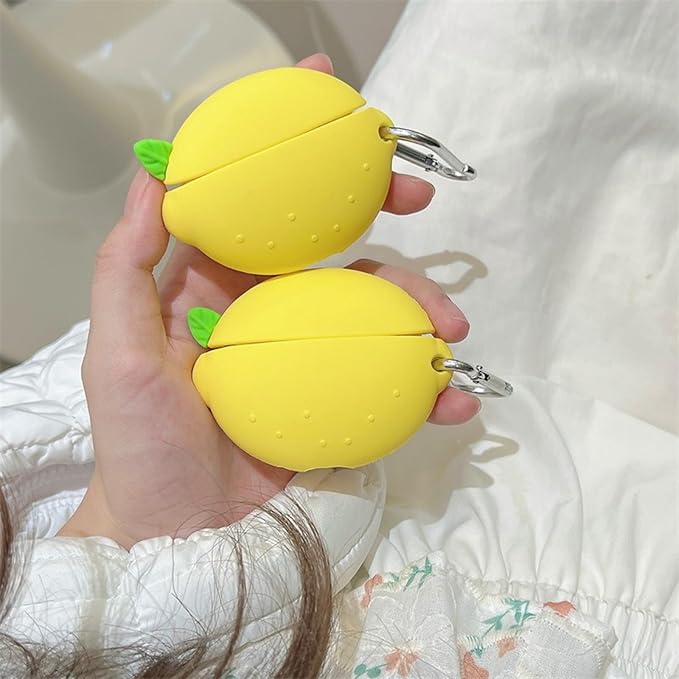 Case Compatible with Airpods 1 & 2, Cute Summer Fresh Lemon Design Keychain Case Cover, Portable Earbuds Accessories Soft Silicone Shockproof Wireless Earphone Protector with Hook Yellow