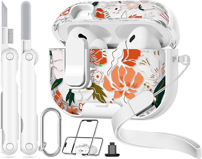 with Safety Lock for AirPods Pro 2nd 1st Generation Case Cover,Clear Floral Cute AirPods Pro 2 Case with Phone Stand & Cleaning Kit for AirPod Pro Case for Women Girly-Orange Flower