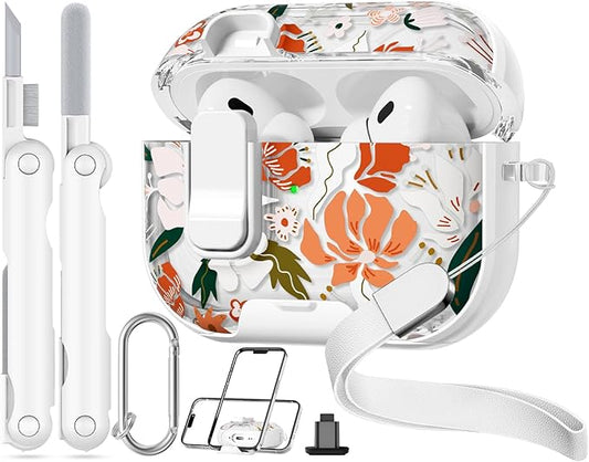 with Safety Lock for AirPods Pro 2nd 1st Generation Case Cover,Clear Floral Cute AirPods Pro 2 Case with Phone Stand & Cleaning Kit for AirPod Pro Case for Women Girly-Orange Flower