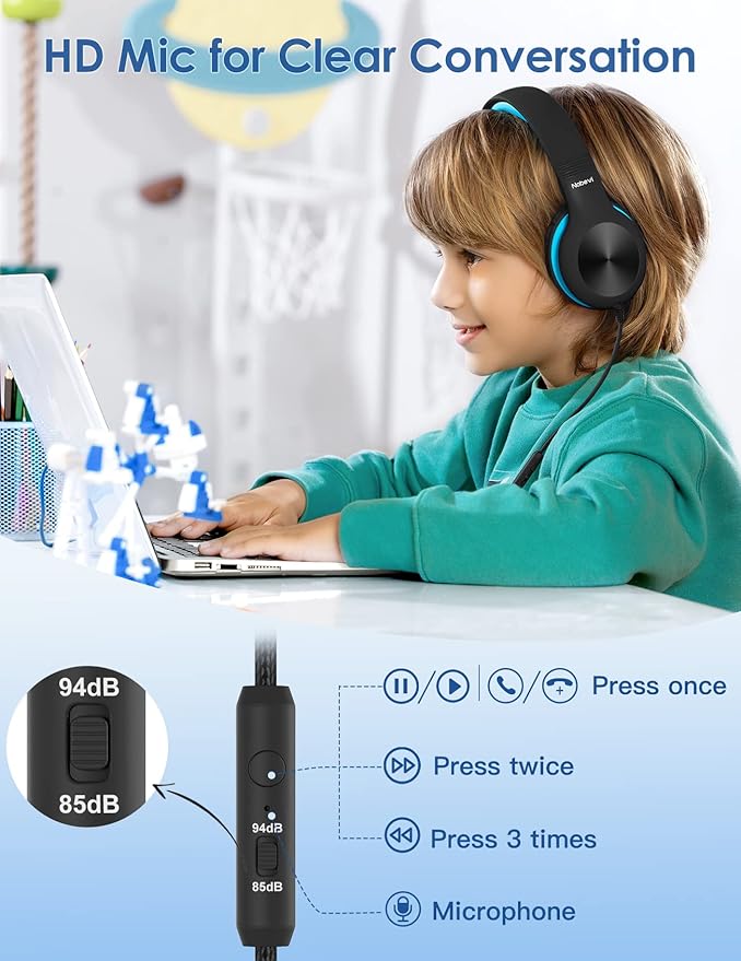 BH100 Headphones for Kids, Over Ear, Wired, Hearing Protection, 85/94 dB Adjustable Volume Limit, Sharing Function, Microphone, Lightweight, Comfortable, [Sky Blue]