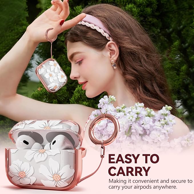 Inesore for AirPods Pro 2nd Generation Case Cover with Lock, Flowers Cute Clear Air Pods Pro 2 Case Hard iPod Pro Cases for Women Girls with Cleaner Kit (2023 USB-C /2022/2019) -White Lily