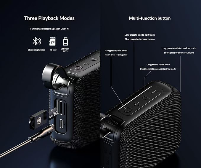 Outdoor Bluetooth Speaker, Portable Wireless Speaker with 10W Stereo Sound, IPX6 Waterproof, Bluetooth 5.3 for Stable Connection, TWS Pairing for 20W Loud Audio, Perfect for Camping, Beach, Party