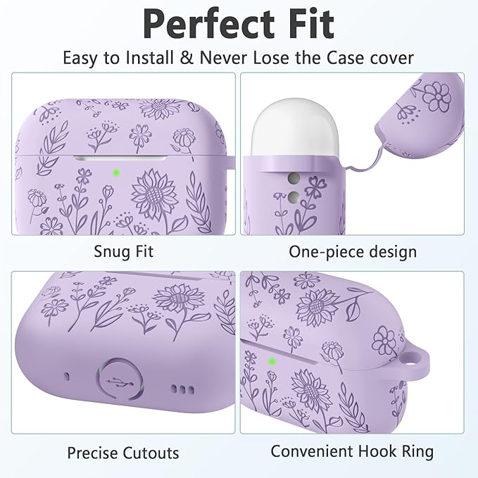 Flower Engraved Case for AirPods Pro 2 Gen with Clean Kit & Keychain, Cute Soft Silicone Protective AirPods Pro Case Cover for Apple AirPods Pro 2nd/1st Generation, Front LED Visible, Lavender