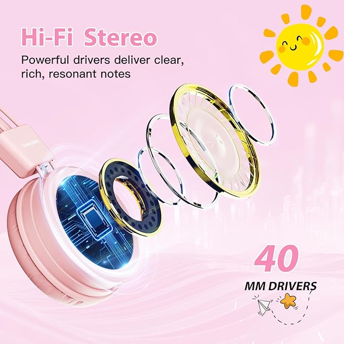 USB Type C Kids Headphones for School, 94dB Volume Limited, Kids Headphones with USB C Cord, HD Stereo Sound, Foldable Lightweight On-Ear USB-C Wired Headphones for Boys/Girls, Light Pink