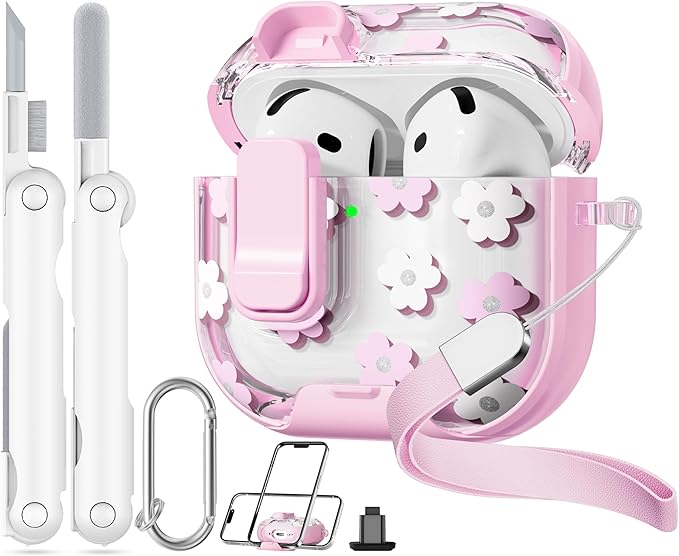with Safety Lock for Apple AirPods 4 Case,Clear Floral Cute AirPod 4th Generation Case with Phone Stand & Cleaning Kit for Women Girly-Flower