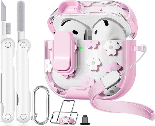 with Safety Lock for Apple AirPods 4 Case,Clear Floral Cute AirPod 4th Generation Case with Phone Stand & Cleaning Kit for Women Girly-Flower