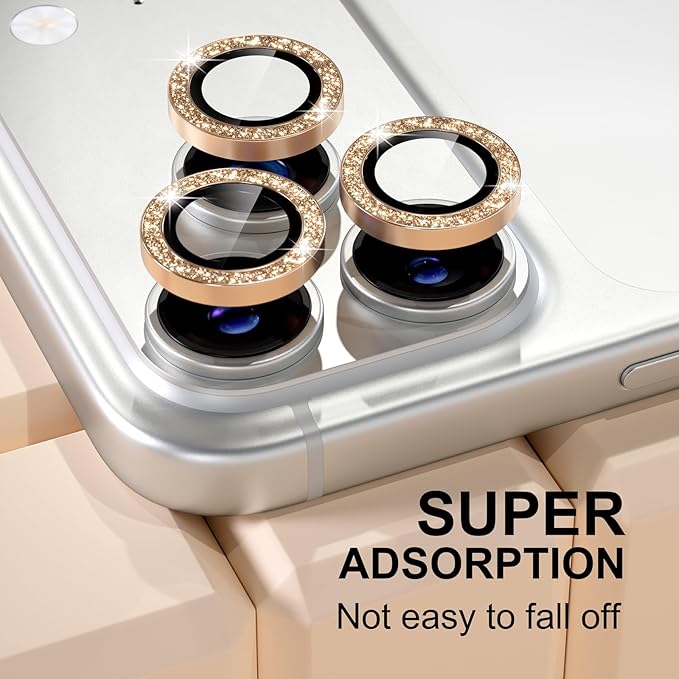 Misea Compatible for iPhone 17 Pro/iPhone 17 Pro Max Camera Lens Protector Bling, 9H Tempered Glass Camera Cover Screen Protector Metal Individual Ring Decoration Accessories, Gold Glitter