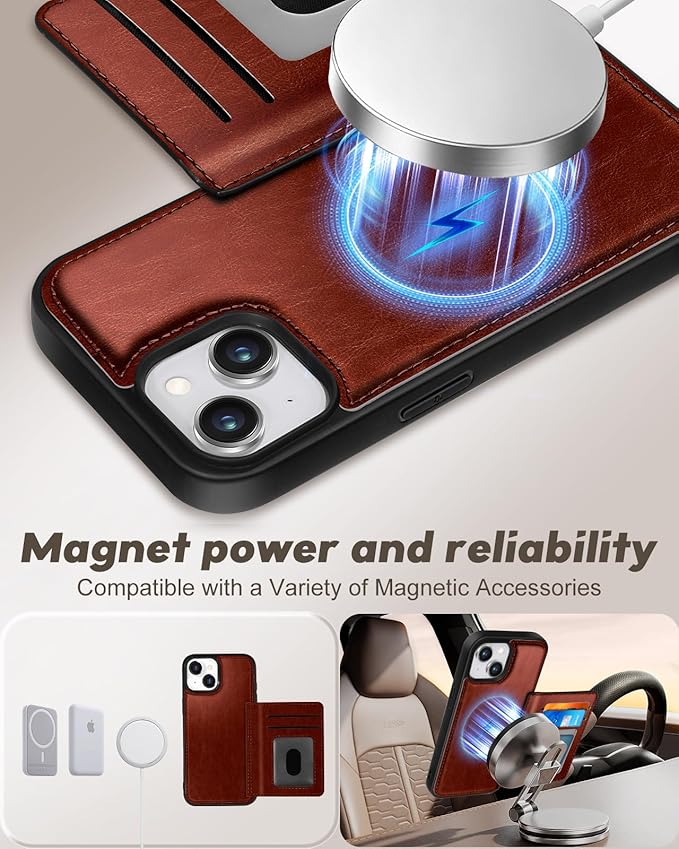 for iPhone 15 Case with Wallet - Fits 4 Card Slots, Compatible with MagSafe for Women Men Durable PU Leather Credit Card Holder Kickstand Phone Cover for Apple 15, Brown