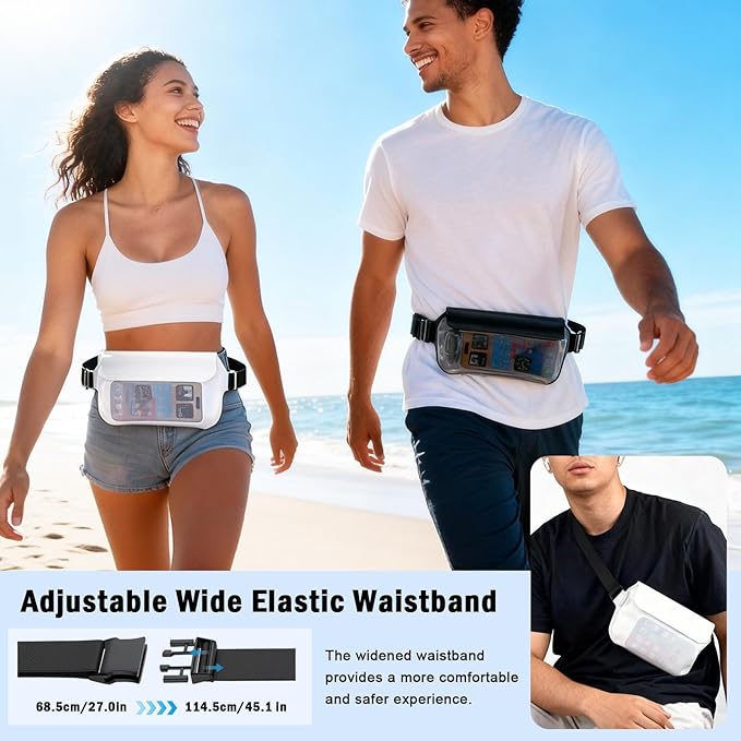 Waterproof Waist Bag, Passport Wallet Tote, IPX8 Waterproof Rating, Underwater-Use Phone Pouch, TUP Dry Bag, Ideal for Diving, Swimming, Kayaking (1 black and 1 white)