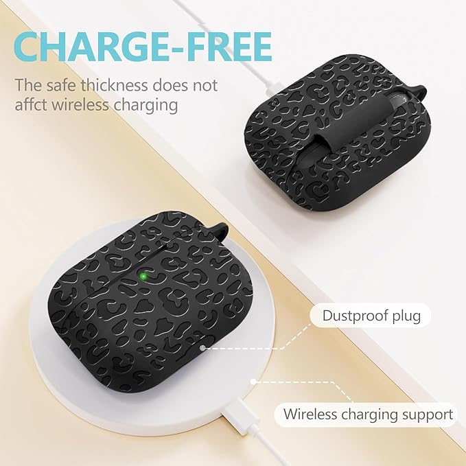 Engraved Case for AirPods 3rd Generation Carving Cover with Keychain, Leopard Skin Soft Cover for Compatible with AirPods 3rd Generation Case Full Protection,Front LED Visible,Black