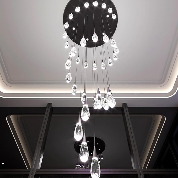 H 177" Moderm Extra Large Chandelier 36-Lights Foyer Chandelier for High Ceiling Crystal Pendant Light Fixture Raindrop Chandeliers for Staircase Villa Living Room (Black