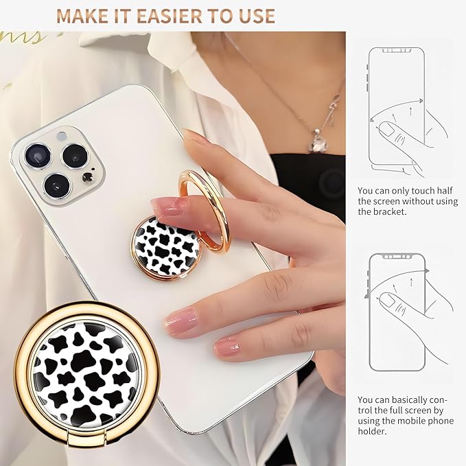 Cell Phone Ring Holder, Cute Metal Phone Grip Stand Finger Ring Kickstand, Flexible 360°Rotation Phone Tablet Case Accessories Compatible with Most Phones Black White Cowhide