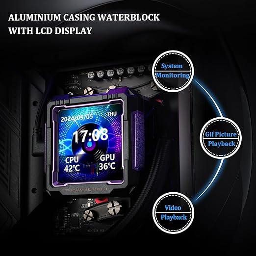 FW PRO 360 ARGB Black CPU Water Cooler,3 PWM Fans Water Cooling System with 2000PRM,for AM4/AM5&Intel LGA1851/1700, Magnetic Detachable LCD Screen with 320 * 320 Resolution