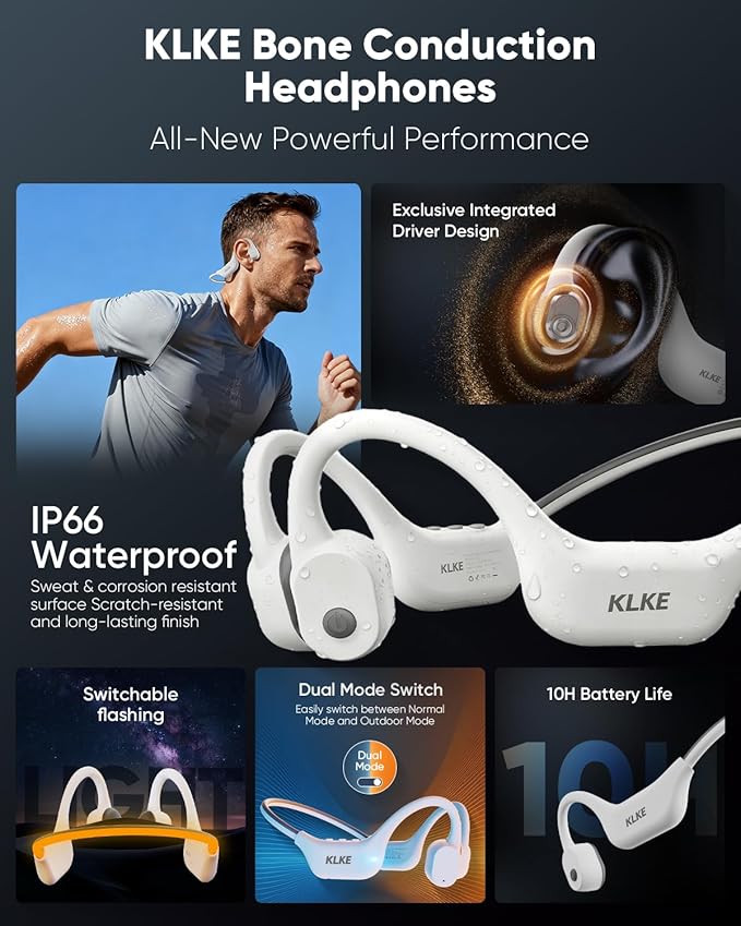 Open-Ear Bone Conduction Headphones, IP66 Waterproof, Integrated Transducer Running Headphones with Dual Mode, Rear Safety Light, 10H Battery,Advanced Mic for Cycling, Hiking & Outdoor Sports
