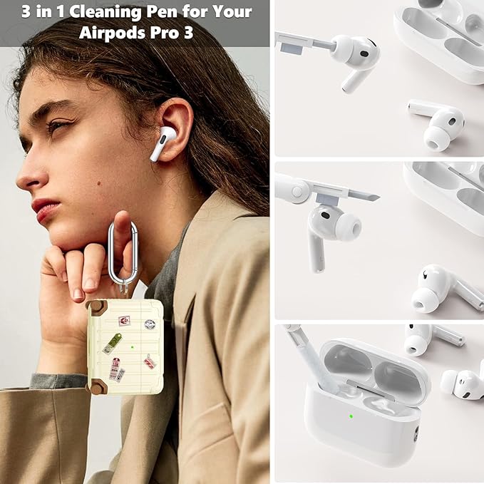 KOREDA Compatible with AirPods Pro 3 Case Cover, Cute Funny Suitcase Design Case for AirPods Pro 3rd Generation, Fashion Protective Hard Case for Women Men with Keychain and Cleaner Kit (Beige)