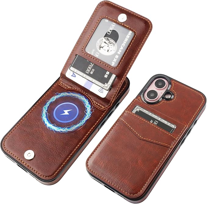KIHUWEY for iPhone 16 Case Wallet Compatible with MagSafe Wireless Charging, Credit Card Holder, RFID Flip Leather Magnetic Clasp Kickstand Heavy Duty Protective Cover 6.1 Inch (Brown)