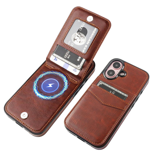KIHUWEY for iPhone 16 Case Wallet Compatible with MagSafe Wireless Charging, Credit Card Holder, RFID Flip Leather Magnetic Clasp Kickstand Heavy Duty Protective Cover 6.1 Inch (Brown)