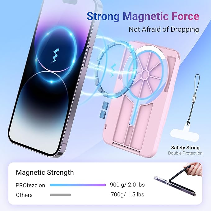 PROfezzion Magnetic Wallet Card Holder for MagSafe, RFID Blocking Hard Shell 4 Credit Card & Money Pocket Magnetic Wallet Stand for iPhone 16 15 14 13 12 Plus Max - Pink