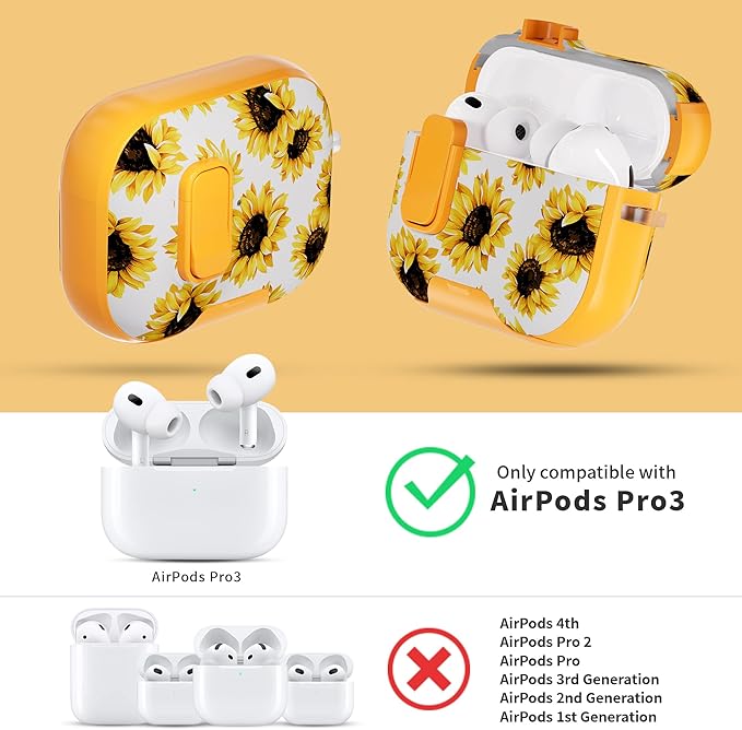 for AirPods Pro 3 Case(2025) with Secure Lock Clip and Phone Stand,Floral Girly Style Protective Cover with Cleaning Kit and Hand Strap for Apple AirPod Pro 3 Generation (Yellow Sunflower)