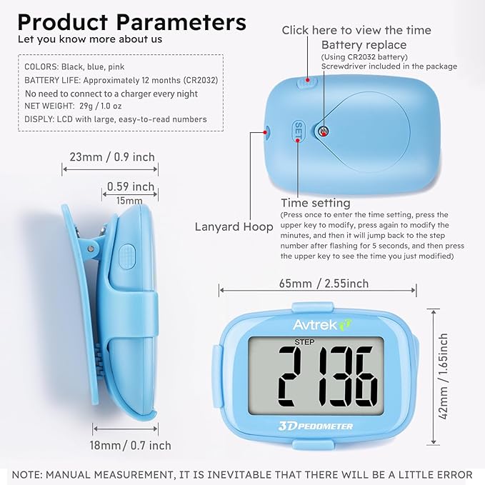 3D Step Counter Clip On with LED Backlight Pocket Pedometer for Walking Outdoor Activities Fitness Tracker Without Smartphone