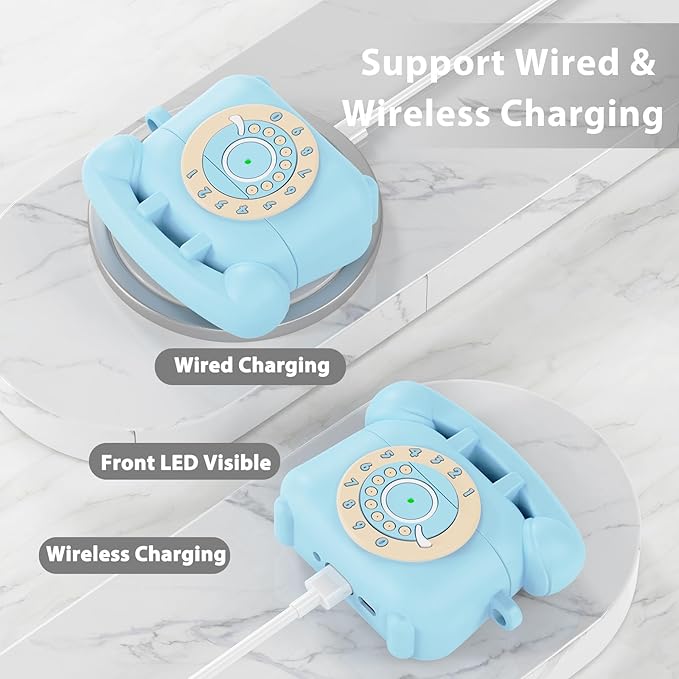 KOREDA for AirPods Pro 2nd/1st Generation Case Cover with Cleaner Kit & Lanyard, Cute Funny Telephone Design Silicone Protective Case for AirPods Pro 2 - Sky Blue