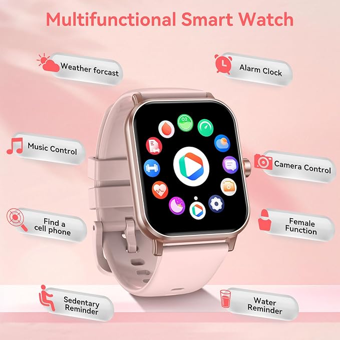 Smart Watch, 1.85" HD Fitness Tracker with Bluetooth Calls, 5 ATM Waterproof, 24/7 Heart Rate/Sleep Monitor, Pedometer, Calories, 130+ Sport Modes, Smartwatch for iOS Android (Pink)