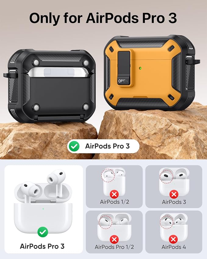 MoKo for AirPods Pro 3 Case with Lock 2025 - Compatible with MagSafe, Phone Stand & Auto Pop-up for AirPods Pro 3rd Generation Case, Military-Grade Protective Cover with Cleaner Kit, Black + Yellow