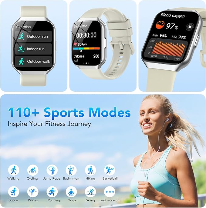 Smart Watch, 1.96" TFT-LCD Smartwatch for Men Women IP68 Waterproof, 110+Sport Modes, Fitness Activity Tracker, Heart Rate Monitor Sleep Step Counter for Android iPhone, Starlight Gray