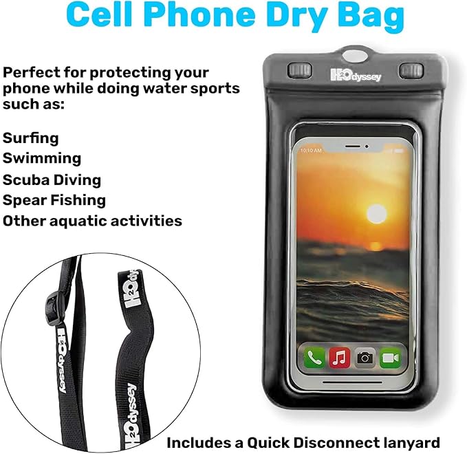 H2ODYSSEY Waterproof Phone Case and Lanyard - Excellent Waterproof Protection - Floats in The Water -Lanyard for Beach Kayak Travel - Universal Size - Black