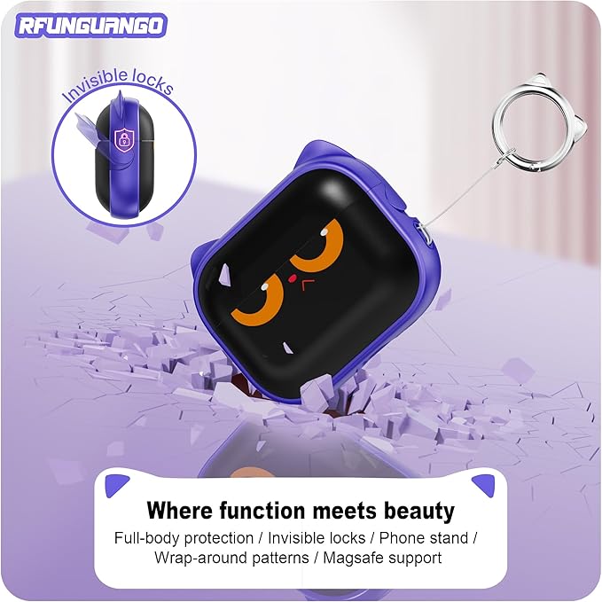 RFUNGUANGO is Compatible with AirPods Pro 3 Protective case, with Mobile Phone Holder Function, Multiple Colors Available, Suitable for AirPods Pro 3 Protective case,Purple + Cartoon Cat Head