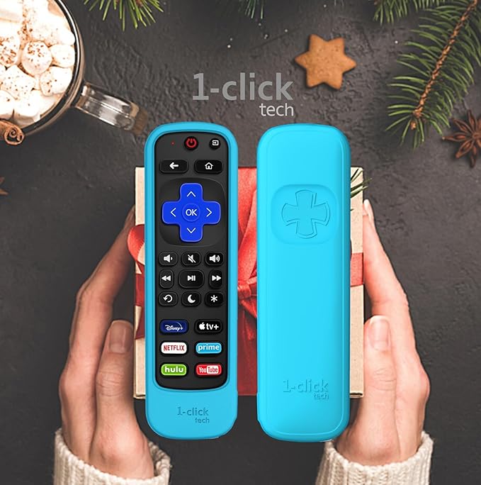 [w/Cover] 1-clicktech 2-in-1 for Roku TV and Box Remote TCL Hisense ONN Sanyo Sharp Hitachi Element Insignia Westinghouse LG JVC Magnavox Roku TV w/ 12 Opt. Channels (Remote + Turquoise Case)