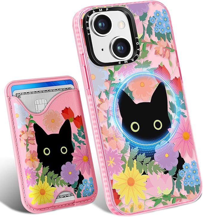 Toycamp for iPhone 14 Plus Case - Compatible with Magsafe Credit Card Holder Wallet Magnetic Cute Women Teen Girls Kawaii Girly Unique Cat Flower Design Phone Cover for iPhone 14 Plus