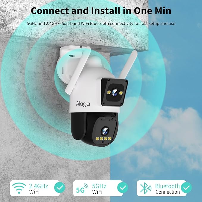 Alaga Outdoor Security Camera,Black Light Full Color Night Vision,F1.0 Dual Lens,AI Motion Detection,5G and 2.4G WiFi,Weatherproof,Two Way Audio,360° Detailed Coverage,Cloud and Local Storage