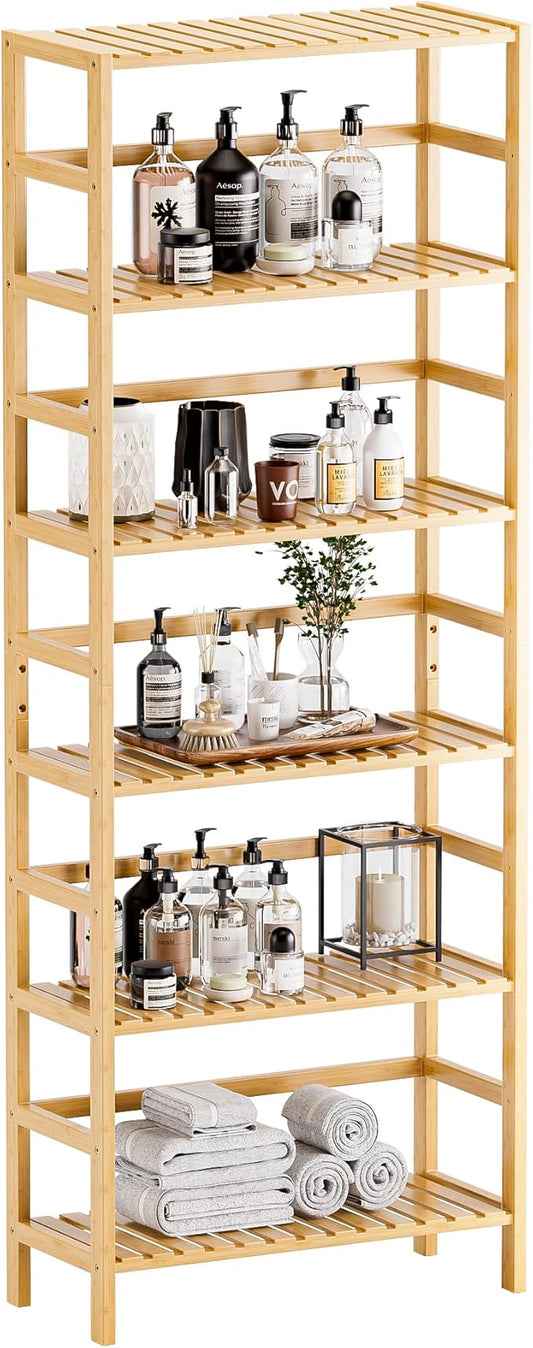 HITNET Bamboo Shelf, 6-Tier Adjustable Tall Open Bookcase, Bathroom Storage Rack Freestanding Shelving Unit, Plant Display Stand for Small Space, Natural