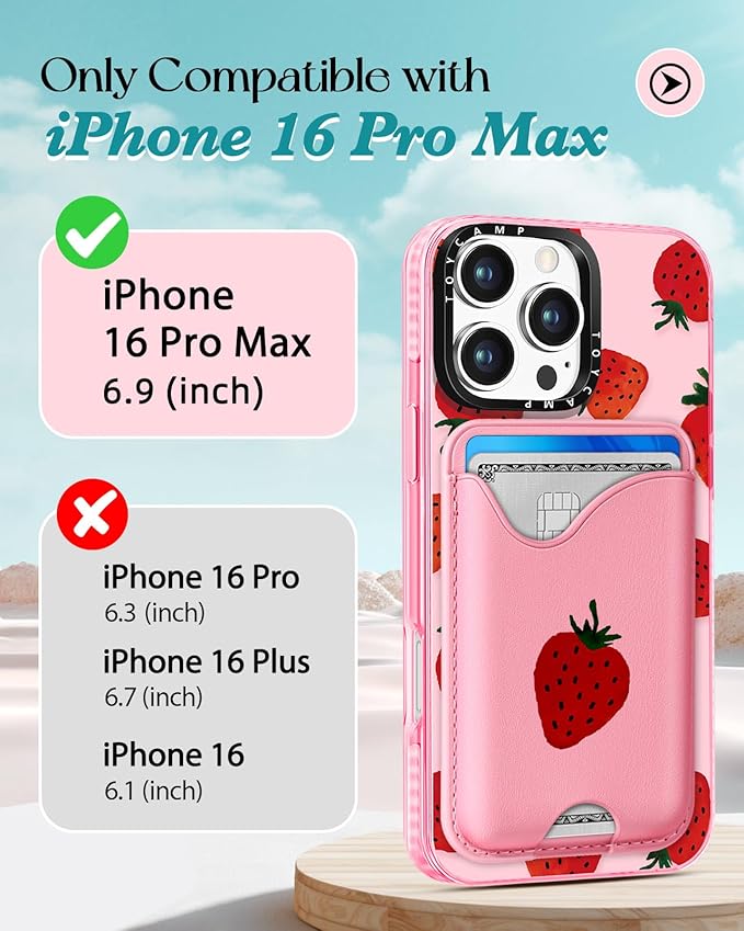 Toycamp for iPhone 16 Pro Max Case - Compatible with Magsafe Credit Card Holder Wallet Magnetic Cute Women Teen Girls Kawaii Girly Unique Strawberry Design Phone Cover for Apple 16 Promax 6.7"