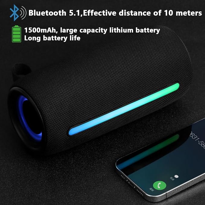 Wireless Portable Bluetooth Speaker: IPX6 Waterproof Outdoor Audio,fm Radio,USB/AUX/SD Card Play,LEDlights,TWS interconnected Stereo,Travel/Camping/Bike/Family/Party（Black）