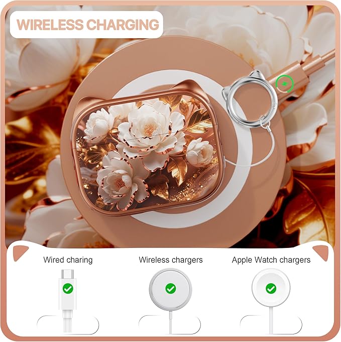 RFUNGUANGO is Compatible with AirPods Pro 3 Protective case, with Mobile Phone Holder Function, Multiple Colors Available, Suitable for AirPods Pro 3 Protective case,Rose Gold + Peonies