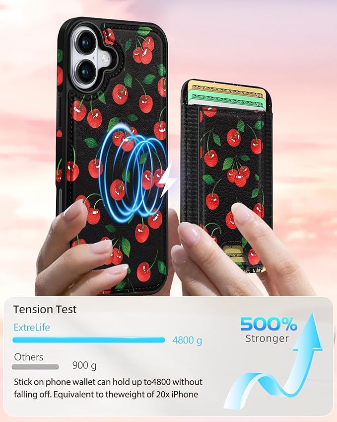 Shorogyt for iPhone 16 Wallet Case - Fits 5 Cards, Compatible with Magsafe Detachable Magnetic Credit Card Holder Leather Cardholder Cute Phone Cover Women Girls for Apple 16, Cherry