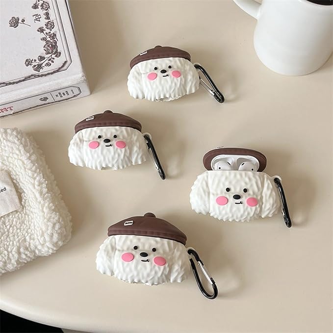Case Compatible with 2024 Airpods 4, 3D Cute Kawaii Dog Design Keychain Case Cover, Portable Earbuds Accessories Soft Silicone Shockproof Wireless Earphone Protector White