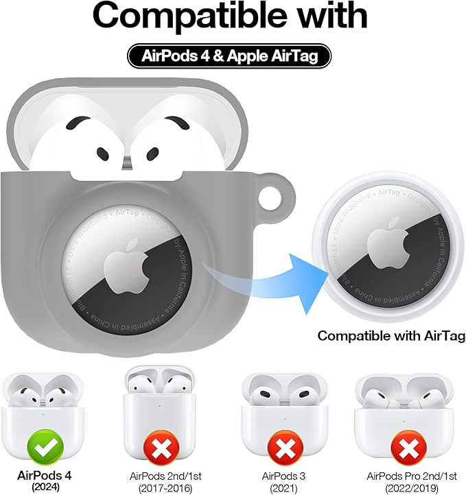 2 in 1 Silicone Case Compatible with AirPod 4 and AirTag 2/1, Shockproof Protective Skin Cover for AirPods 4th Generation with Cleaner Kit & Carabiner (Grey)