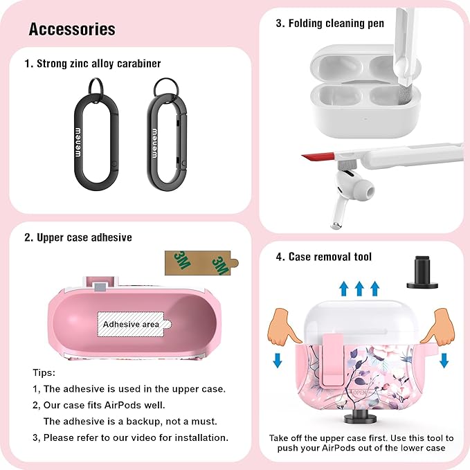 wenew Compatible with AirPods Pro 2nd/1st Generation Case Cover with Phone Stand, Cleaner, Clip, Compatible with Magsafe, One-Click Pop Open Lock iPod Pro Charging Case (Pink 2, AirPods Pro & Pro 2)