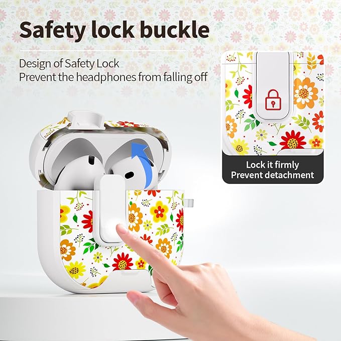 for AirPods 4 Case with Secure Lock Clip in Phone Stand,Floral Girly Style Protective Cover with Cleaning Kit and Hand Strap for Apple AirPod 4 Generation (Sunflower Petals)