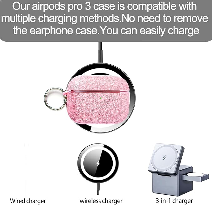 for Glitter AirPods Pro 3 Case 2025| Cute Bling Hard Air Pods Pro 3 Case (Model A2700/A2931) | with Keychain | Sparkly Rhinestone iPods Pro 3 Cases for Women Girl(Pink)
