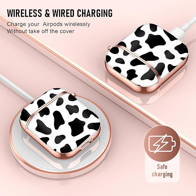 Maxjoy for AirPods 2nd Generation Case, Unique Design Hard Protective Shockproof Airpods Case Cover with Keychain Compatible with Apple AirPods 1st and 2nd Charging Case, Black White Cow