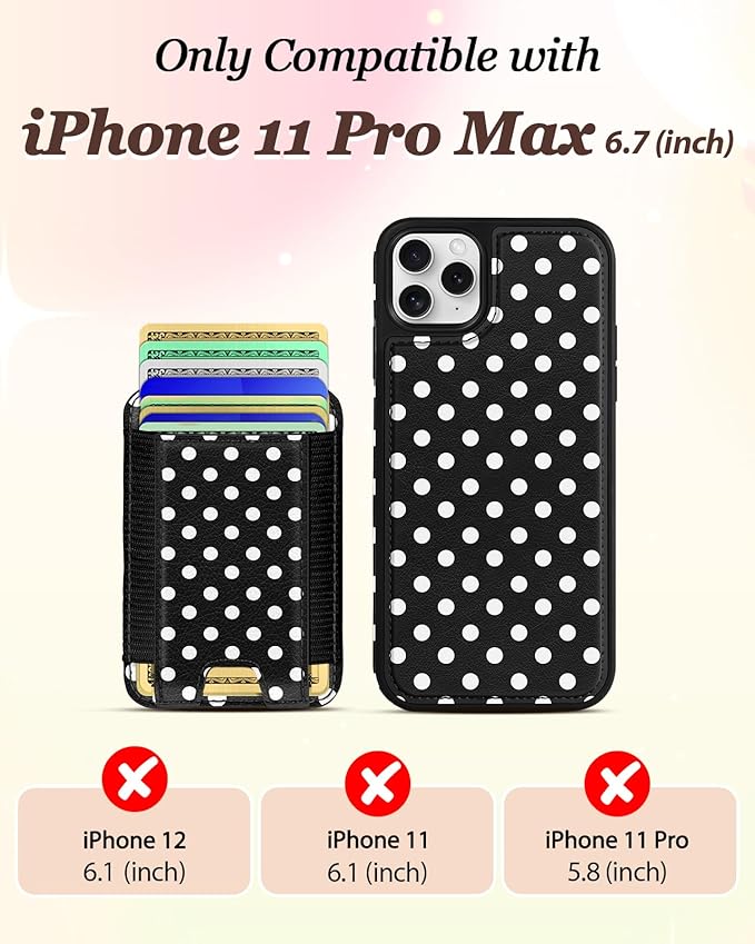 Shorogyt for iPhone 11 Pro Max Wallet Case - Fits 5 Cards, Compatible with Magsafe Detachable Magnetic Credit Card Holder Leather Cardholder Cute Phone Cover Women Girl for Apple 11 ProMax, Polka Dots