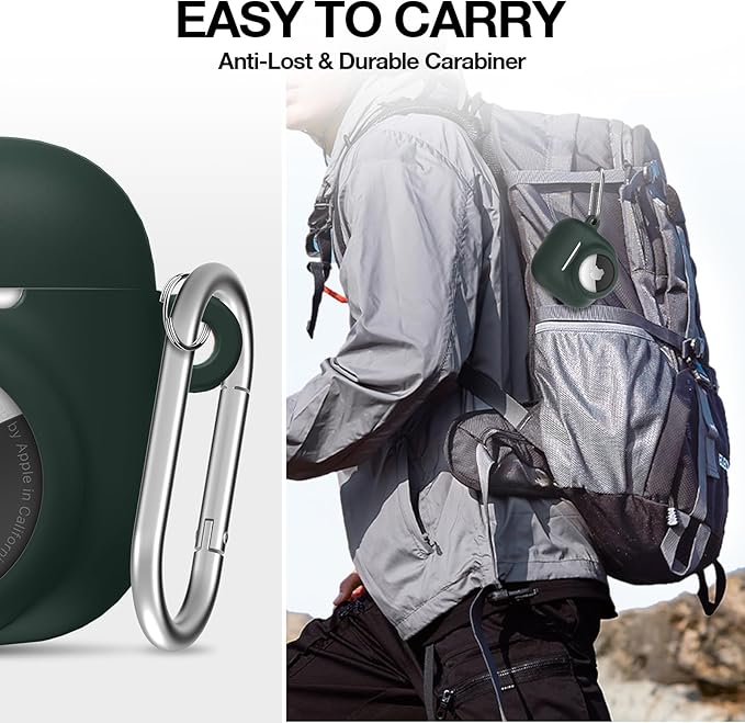 2 in 1 Silicone Case Compatible with AirPod 4 and AirTag 2/1, Shockproof Protective Skin Cover for AirPods 4th Generation with Cleaner Kit & Carabiner (Dark Green)