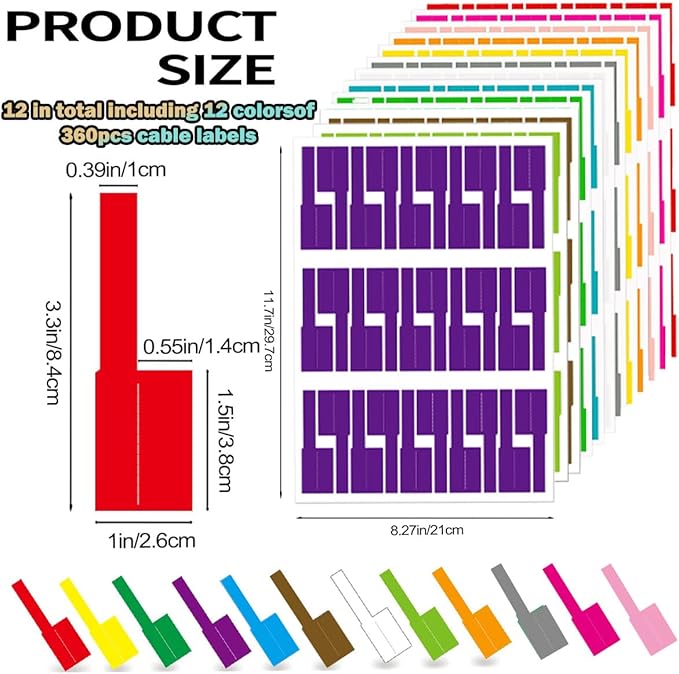 12 Sheet 360 Pcs Cable Labels Tags for Cable Management, YTPZCL Colorful Waterproof Cord Labels Tags for Electronics, Self Adhesive Tear Resistant Wire Labels for Laser Printer and Handwriting, A4