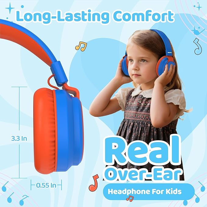 MIDOLA Kids Headphones Wireless Bluetooth 5.4 68H Play Time Volume Limit 85/94dB Over-Ear Foldable Headset,Type-C Fast Charging,with Wired Aux Mic for Toddler Boy Girl Pad Tablet Blue